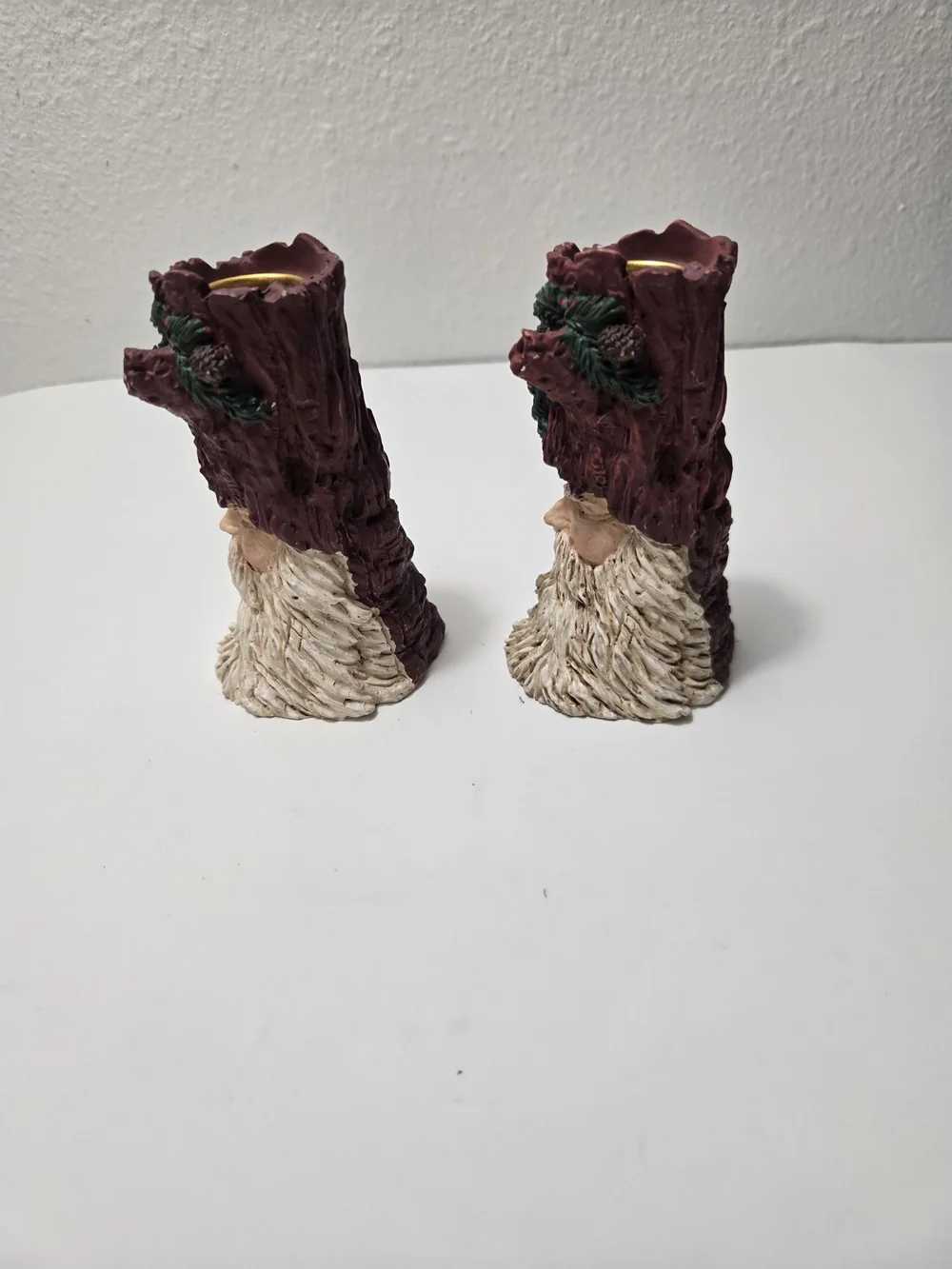 2- Vintage Woodland Santa Claus Resin Taper Candle Holders